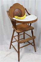 Vtg. Hand-Painted Wood High Chair W/Enamel Tray