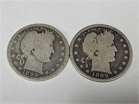 2 Silver 1899 Barber Quarter Coins