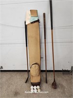 Vintage Golf Bag, Balls & Old Wooden Shaft Clubs