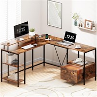 L-Shaped Desk with Outlets  Rustic Brown
