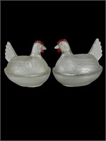 Vintage Indiana Glass Hens On A Nest W/Red Combs