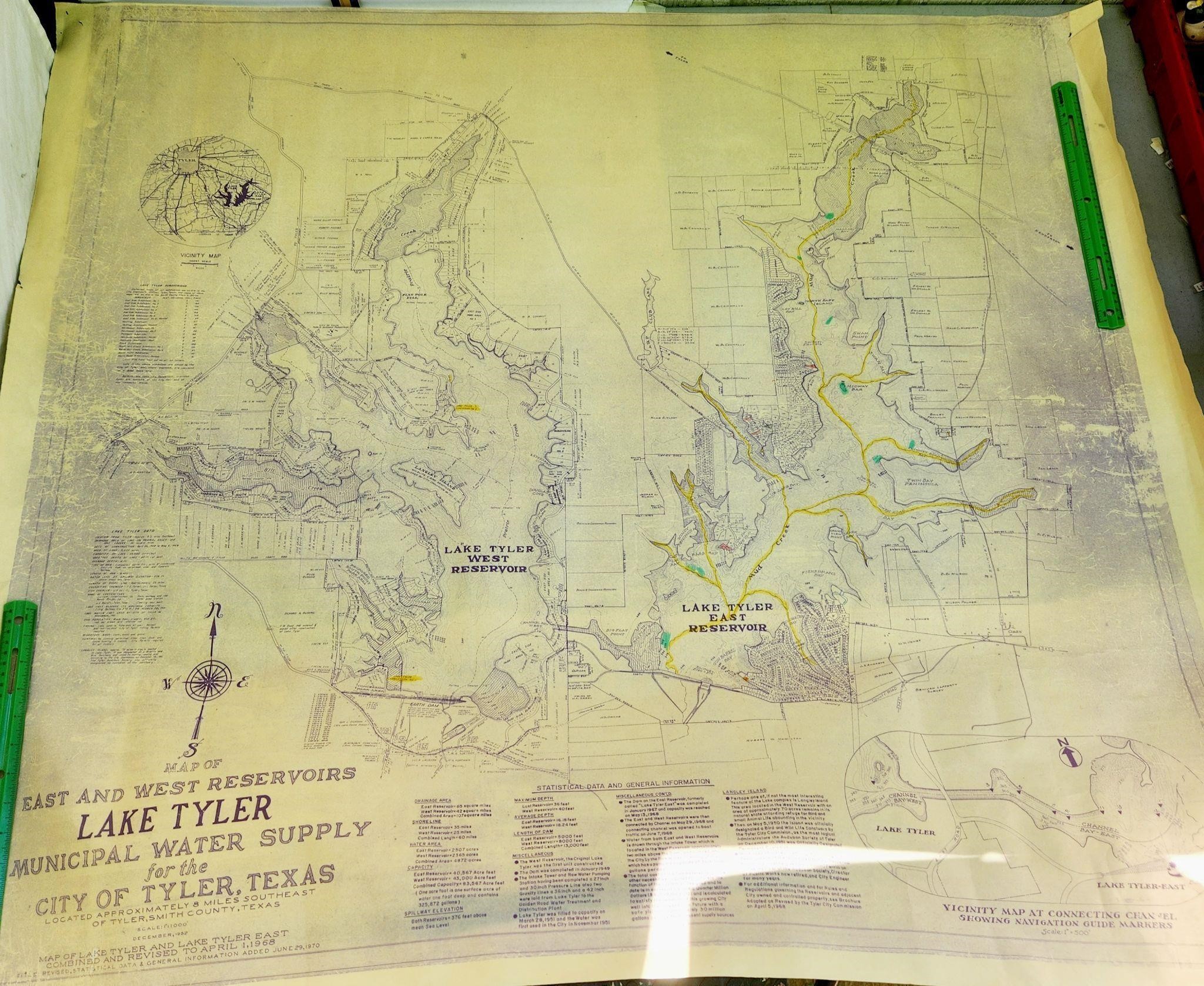 1970 map of Lake Tyler east & west reservoirs