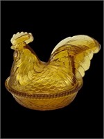 Vintage Amber Indiana Glass Hen On A Nest