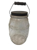 Large vintage glass barrel shaped pickle jar