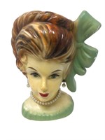 Large lady head vase green bow earrings plus