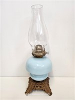 Blue Milk Glass Antique Oil Lamp-White Flame Burne