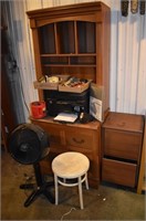 Office cabinets, printer, fan, IKEA stool, office
