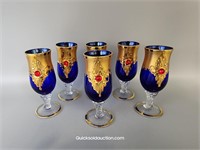 6 Blue/Gold Trim & Red Stone Murano Liqueur Glass