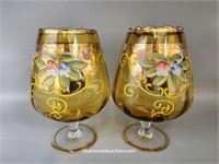2 Murano Gold Vases Hand Painted 7" H.