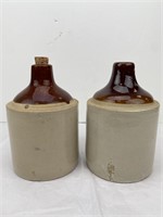 2 Antique Stoneware 1/2 gal Shoulder Whiskey Jugs