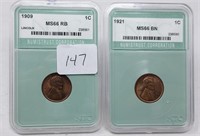 1909 Lincoln Cent, 1921 Lincoln Cent MS 66 “NTC”