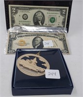 $10 Gold Certificate 1928 VF; $2 Note-Modern;