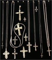 (14) STERLING SILVER CROSS NECKLACES & PENDANTS