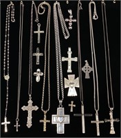 (16) STERLING SILVER CROSS NECKLACES & PENDANTS