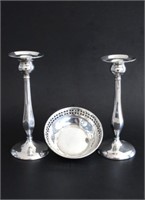 STERLING SILVER CANDLESTICKS & DISH
