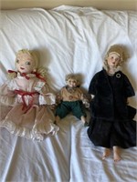 3 Dolls, 2 Porcelain Dolls & 1 Sown Doll,