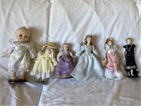 6 Porcelain dolls, 5 Avon Collection w/ Stands