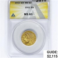 1911 $5 Gold Half Eagle ANACS MS61