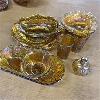 Lot of 9 Pieces of Carnival Glass 
A few have