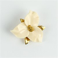 10K  Alaskan Ivory Carved Flower Broach w Gold Nug