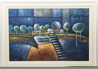 Y. Daric Geometric Countryside Oil on Canvas