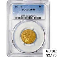 1911-S $5 Gold Half Eagle PCGS AU58