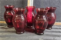 5 ruby red vases, one top 'bent'