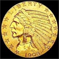 1908 $5 Gold Half Eagle CLOSELY UNCIRCULATED