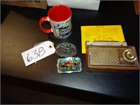Umbrell Mug, Bulova Transistor Radio, Belt Buckles