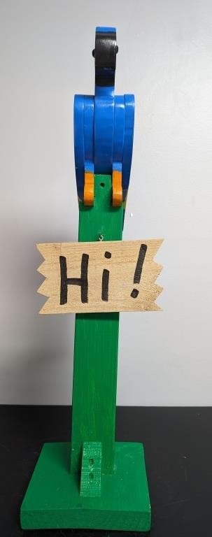 Colorful Wood Parrot Sign "Hi" on Wood Base