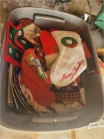 TOTE FULL OF VINTAGE CHRISTMAS, STOCKINGS, PLATES