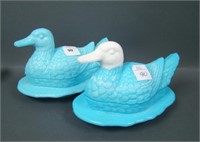 Two LG Wright Blue Slag Duck Covered Candy Dishes