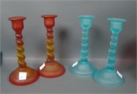 2 Pair of Tiffin Twisted Satin Glass Candlesticks