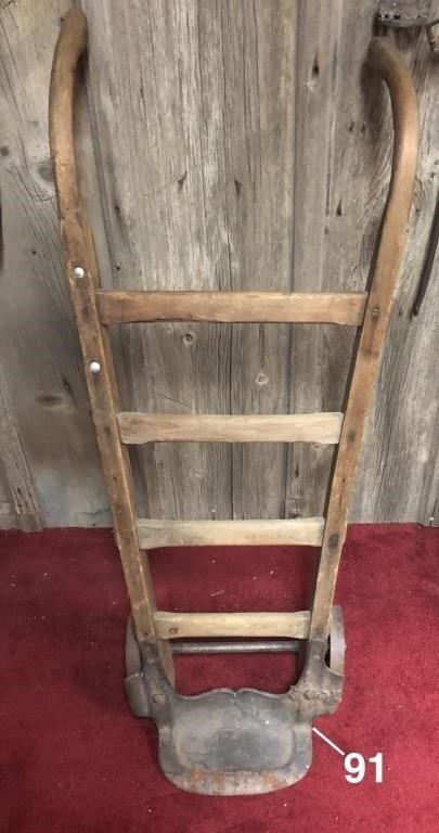 Wooden framed drum dolly with cast iron pan & iron