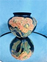 Tiffin Black Satin Glass Poppy Vase w/Coralene
