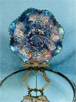 Fenton Peacock and Urn Blue Bowl