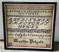 (F) Vintage Embroidery Alphabet Sampler 14” x 14”
