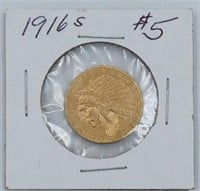 1916 S United States $5 Indian Head Gold Coin