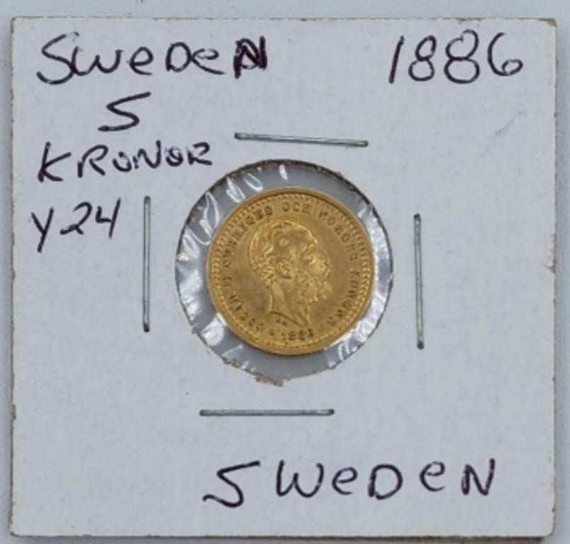 1886 Swedish 5 Kronor Gold Coin