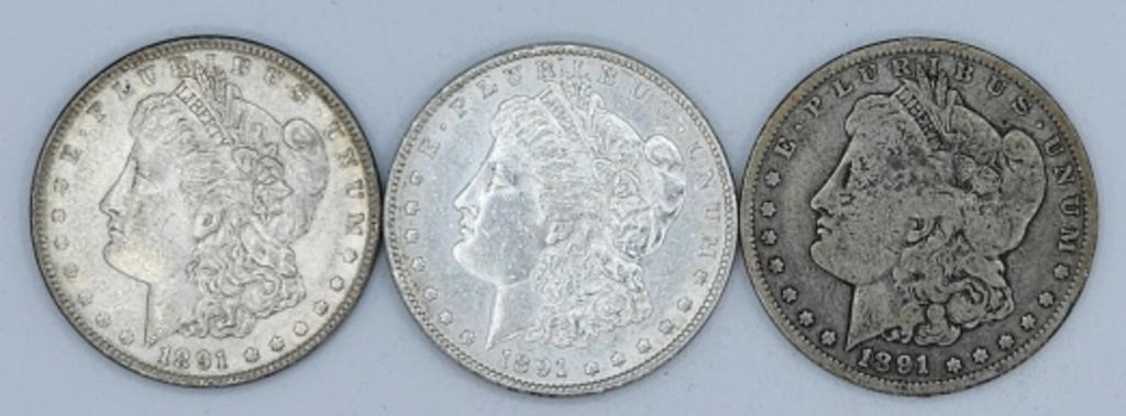 (3) 1891 S, O, & P Morgan Silver Dollar