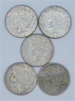 (5) 1922 Peace Silver Dollars P,D,S, S, S