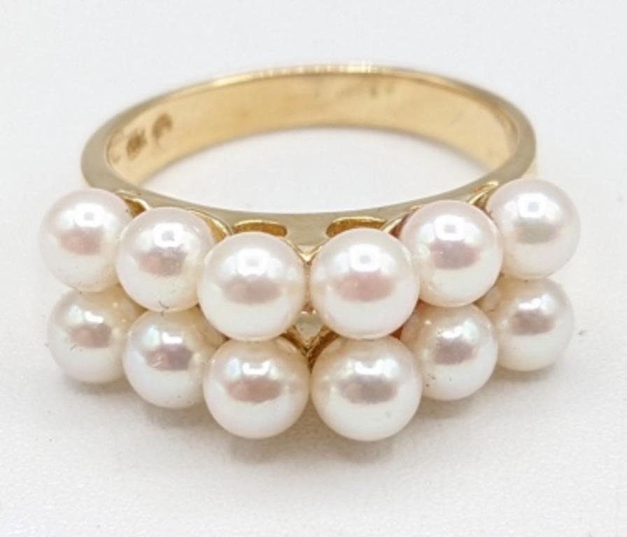 Ladies 14K Yellow Gold Two-Row Pearl Cocktail Ring
