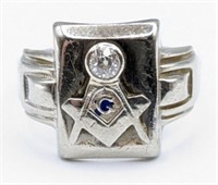 Antique Men's 10K White Gold Diamond Masonic Ring