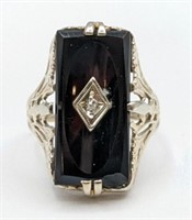 Ladies 14K White Gold Diamond & Onyx Filigree Ring