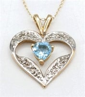 Ladies 10K Yellow Gold Blue Topaz Heart Necklace