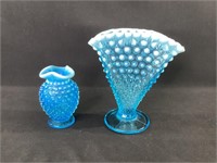 Fenton Blue Hobnail Fan Vase & Rose Vase