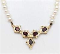 Ladies 14K Yellow Gold Pearl & Garnet Necklace
