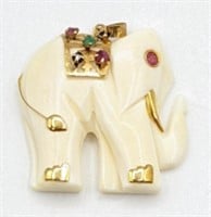 14K Yellow Gold Carved Bone Elephant Pendant