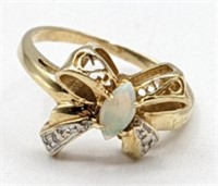 Ladies 14K Yellow Gold Opal Bow Ring