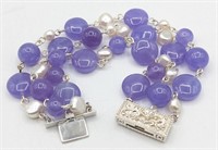 Ladies Sterling Lavender Jade & Pearl Bracelet